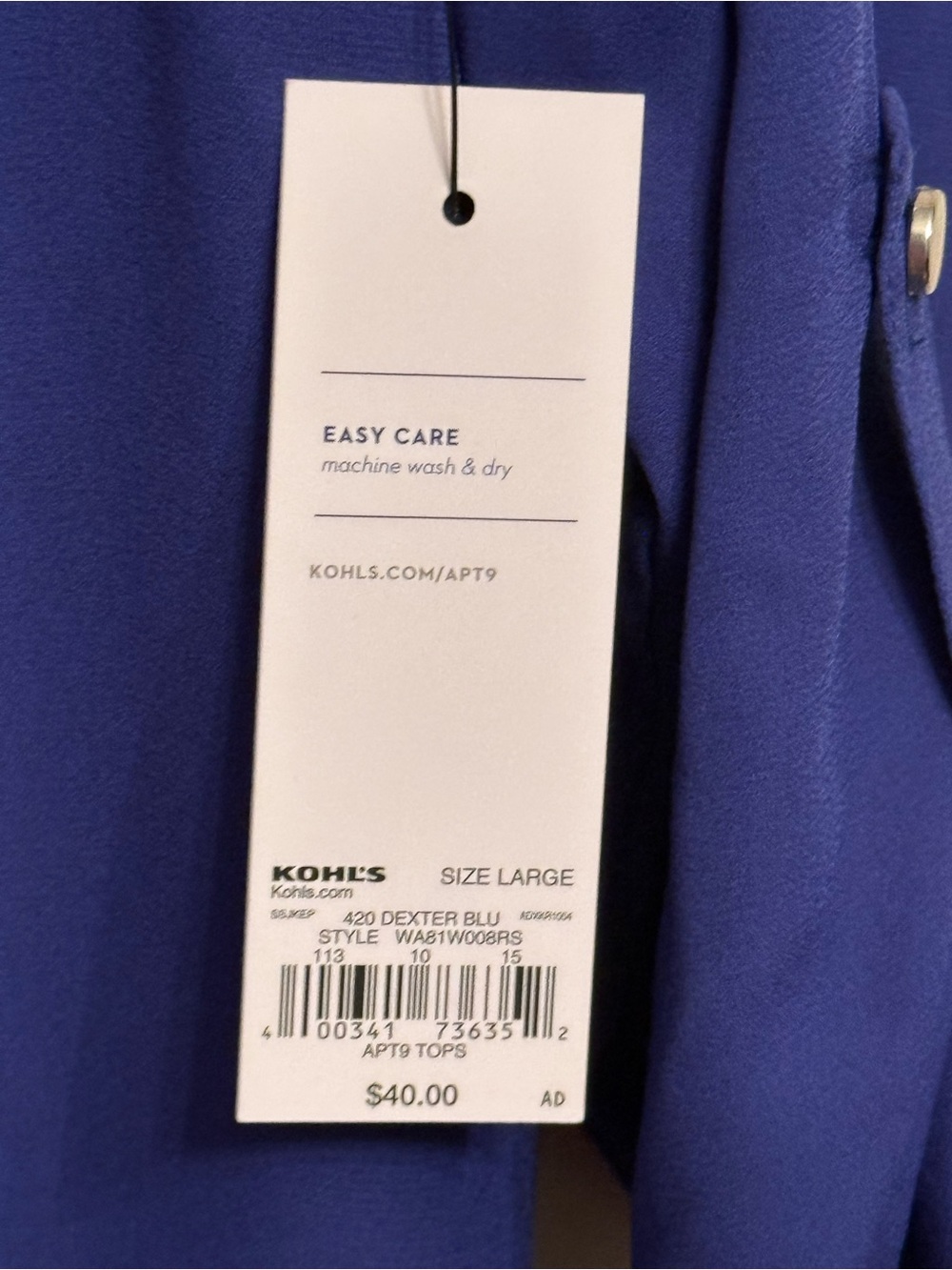 Apt. 9 Women's Cobalt Blue V-Neck Roll-Tab Blouse - Picture 4 of 4